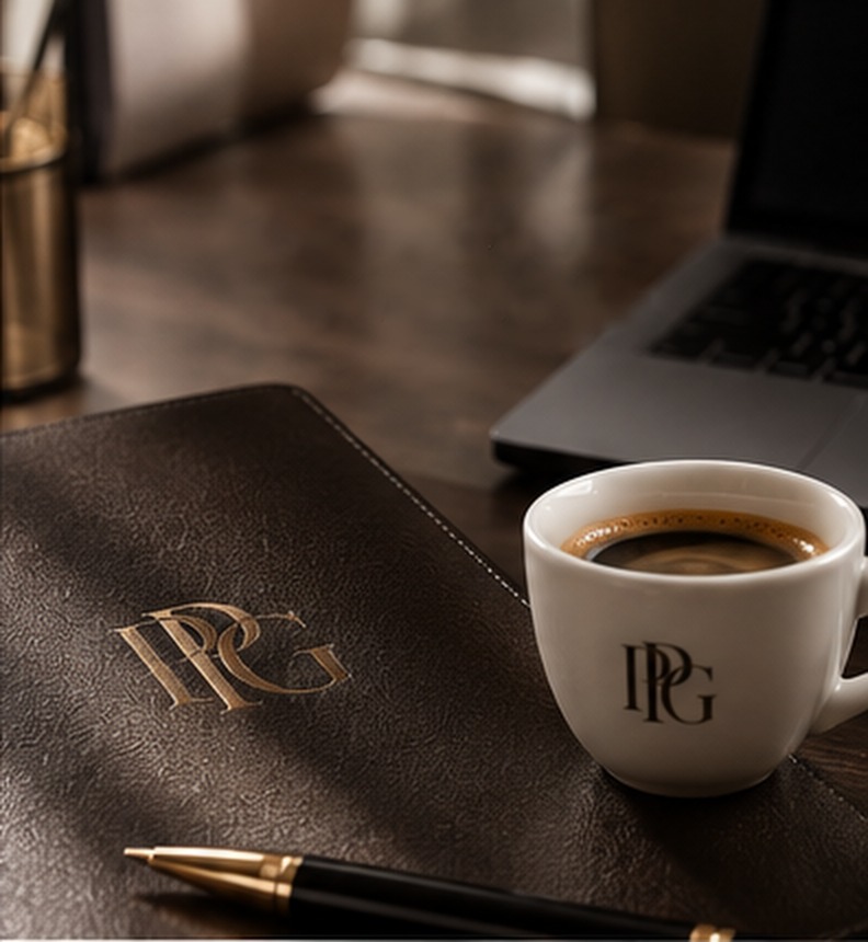 A leather folio and espresso cup bearing the PPG monogram, on a desk in warm light
